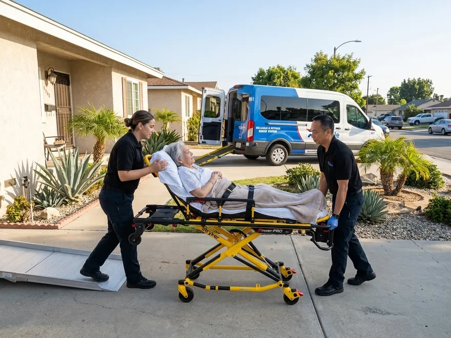 Two Reliable Medical Transport attendants transferring a patient on a gurney to a wheelchair-accessible van