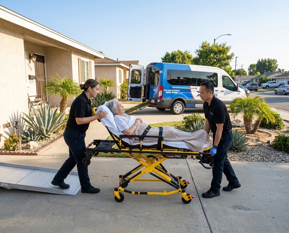 Two Reliable Medical Transport attendants transferring a patient on a gurney to a wheelchair-accessible van